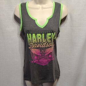 Harley-Davidson Gray Tank Top with Neon Green and Pink Accents
